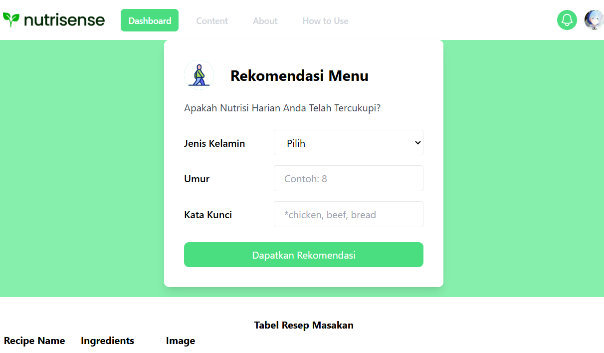 NutriSense recommendation system
